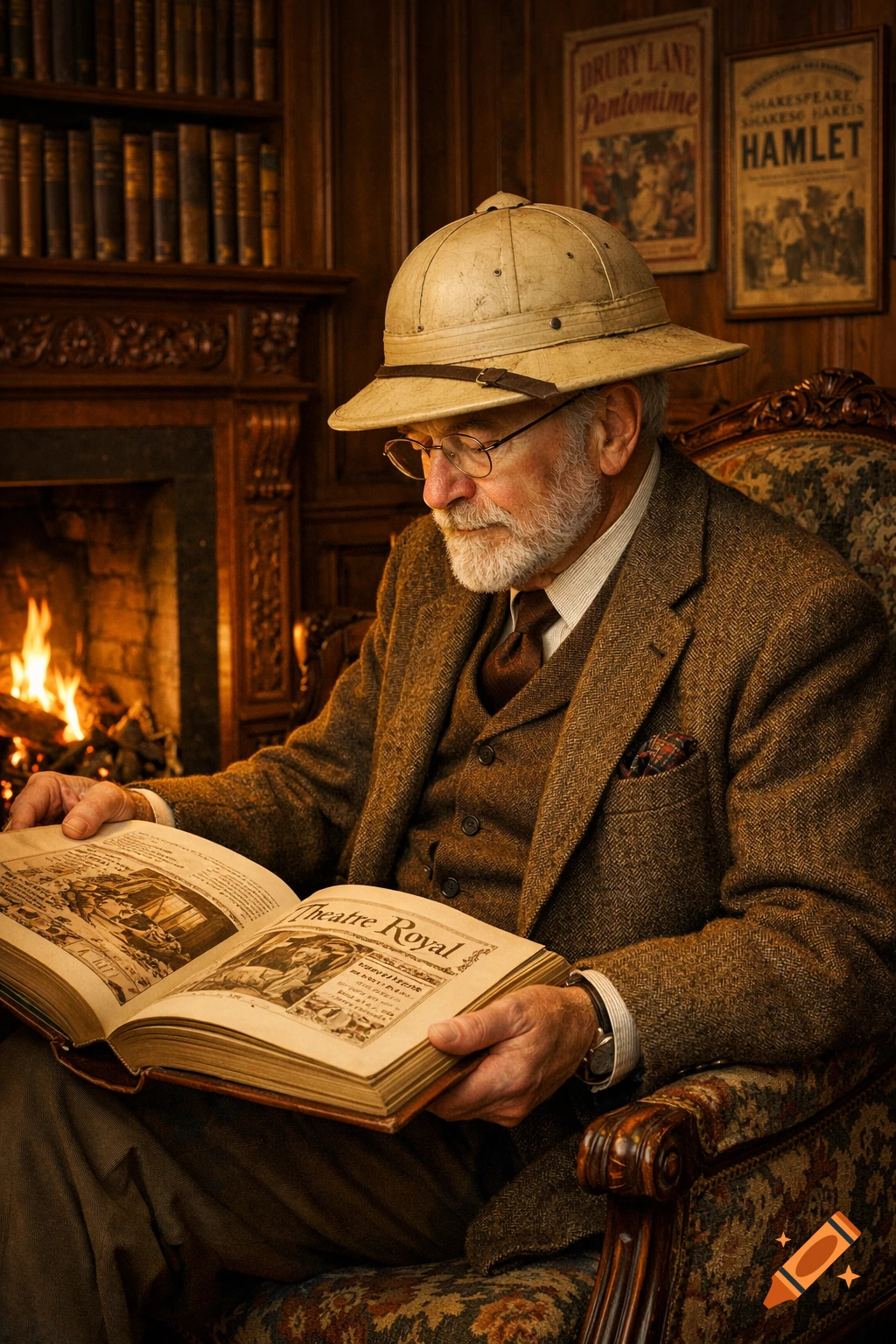 A distinguished man in a pith helmet reads a theater history book by a fireplace in a study, photorealistic.