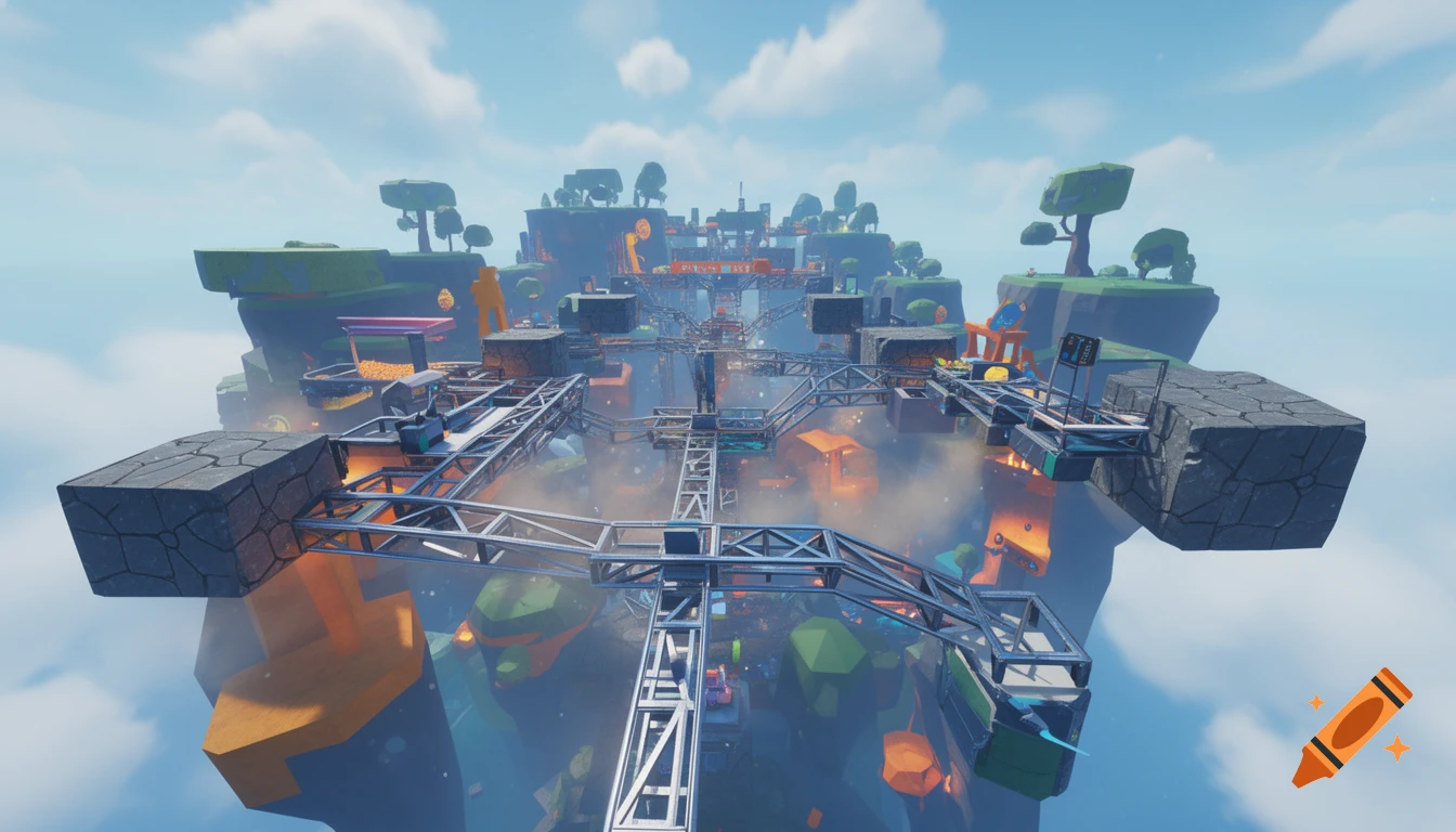 A colorful, stylized video game level featuring floating islands connected by metal obstacle courses, set against a blue sky with clouds.