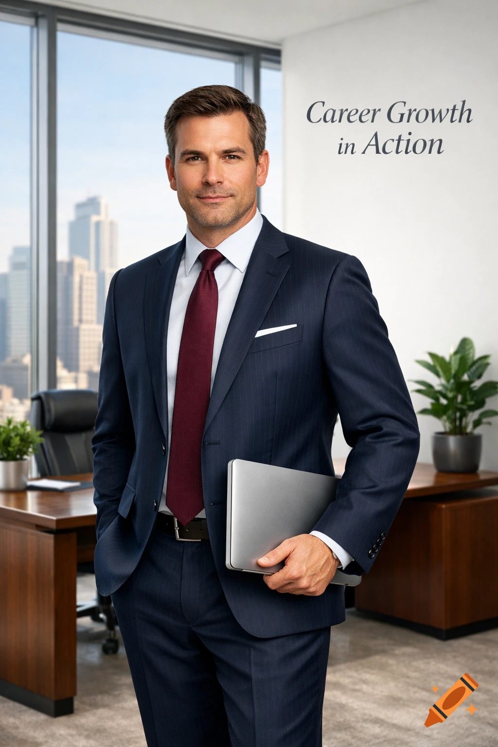 Photorealistic image of a professional man in a suit holding a laptop in a modern office with "Career Growth in Action" on the wall.