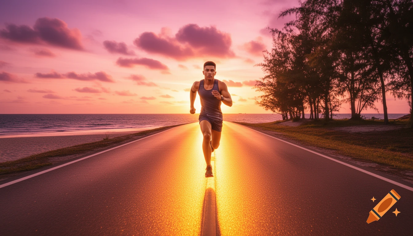 A male athlete runs along a glowing road at sunset, with the ocean and trees visible in the background.