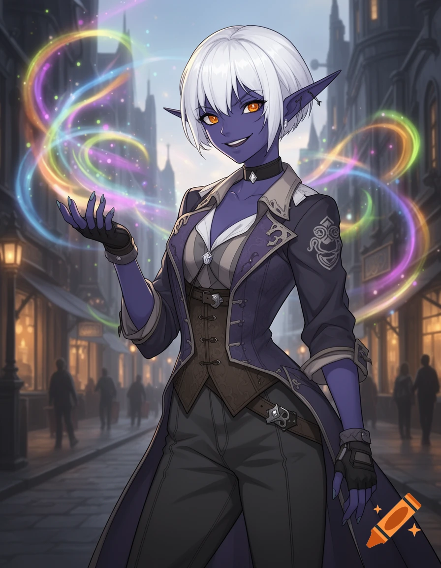 An anime-style Drow elf with white pixie cut hair and dark indigo skin smiles, wearing a purple coat and vest, with colorful magic swirling from her hand in a fantasy city.