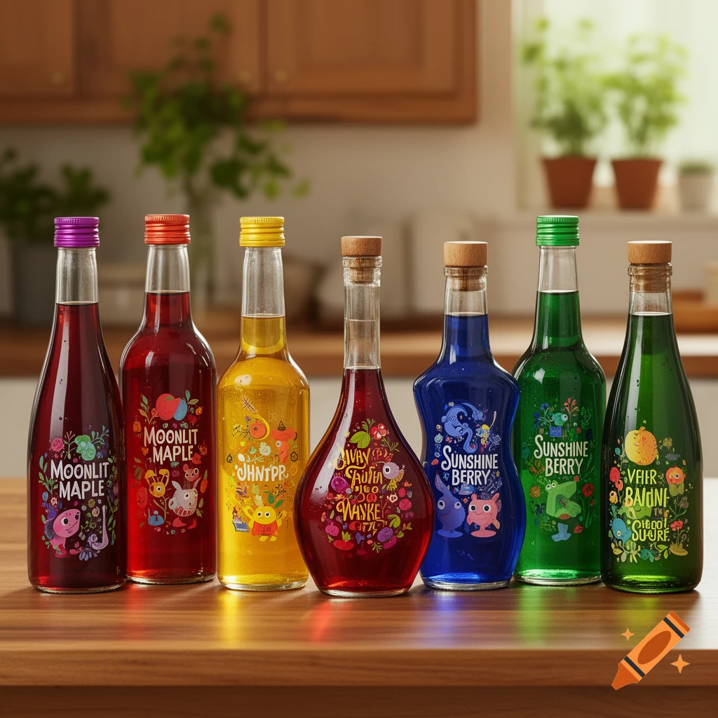 Seven colorful bottles of syrup or beverages with decorative labels featuring cartoon characters and text, arranged on a wooden counter in a kitchen.