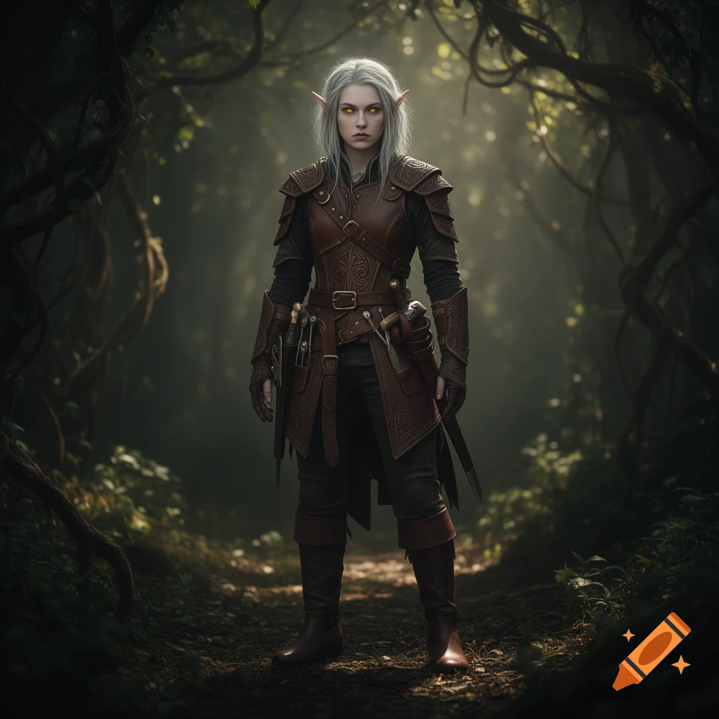 A serious half-elf rogue with pale skin, white hair, and yellow eyes stands in full leather armor and adventuring gear in a dark, atmospheric forest.