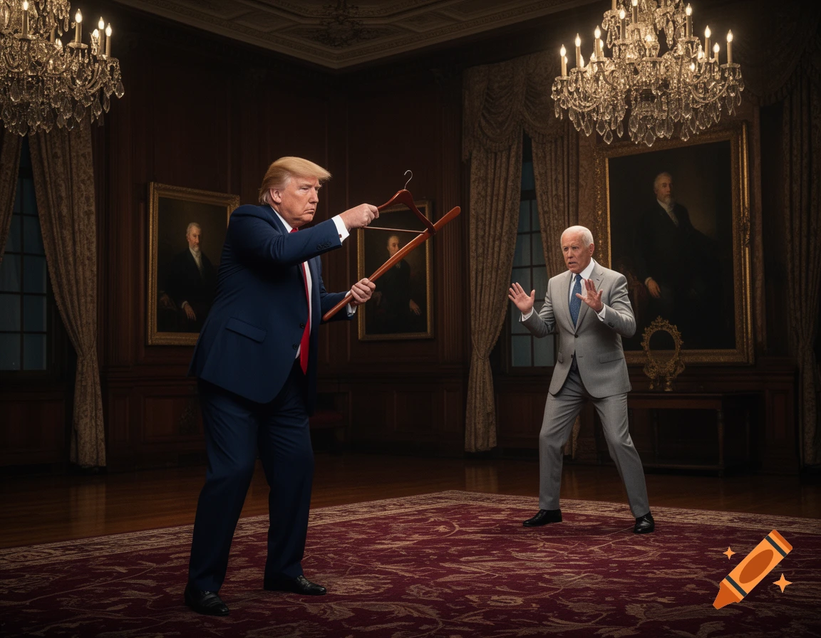 Donald Trump aims a coat hanger like a weapon at a startled Joe Biden in a grand, chandelier-lit room with portraits. Photorealistic.