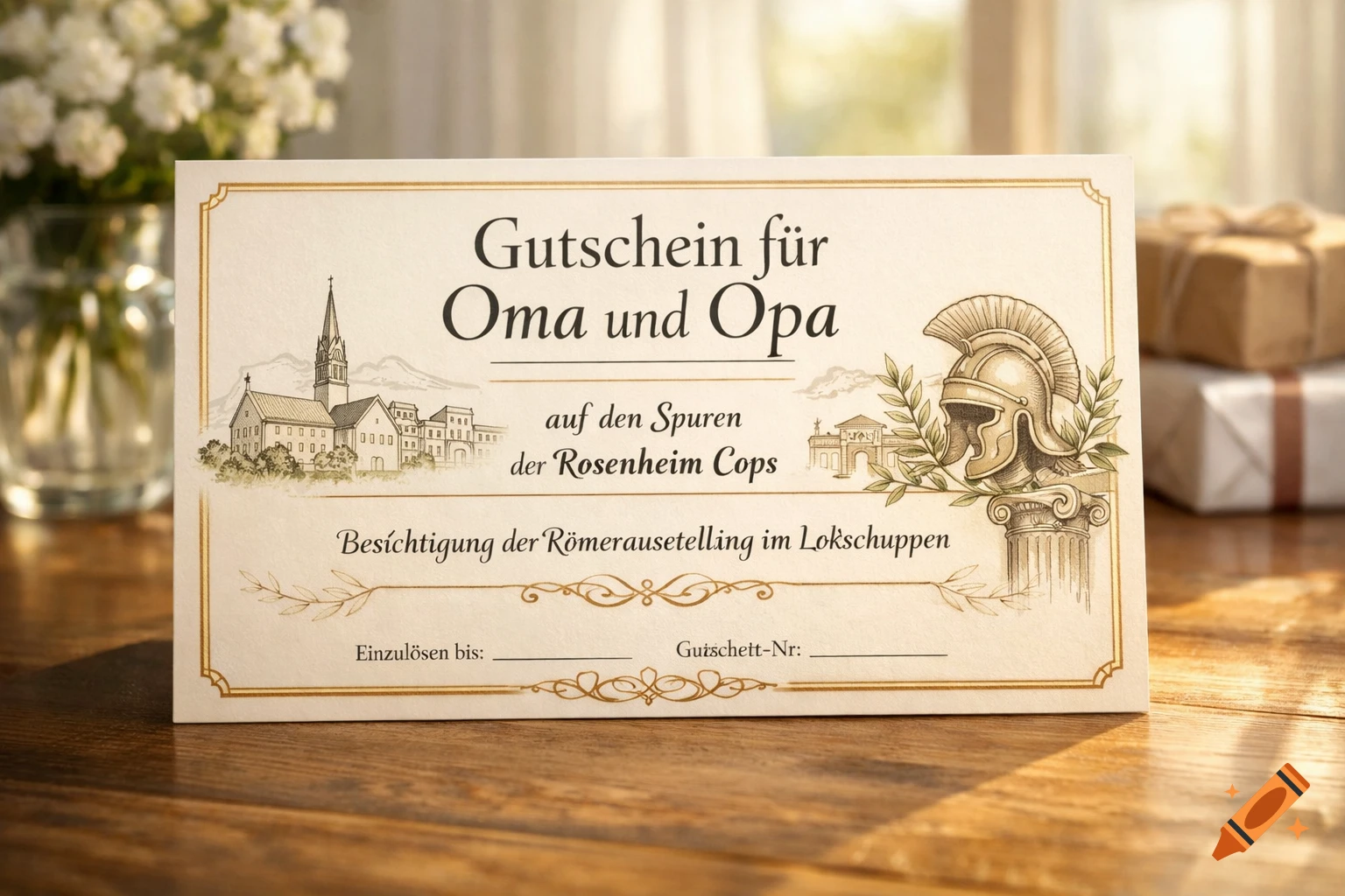 A beige gift voucher with golden borders, featuring illustrations of a church, buildings, and a Roman helmet. The voucher is for "Oma und Opa" (Grandma and Grandpa) for a city tour and Roman exhibition, displayed on a wooden table with blurred flowers and wrapped gifts in the background.