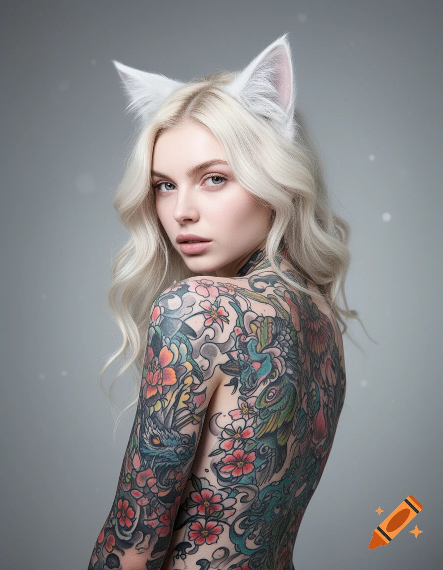 Photorealistic portrait of a woman with blonde hair, white cat ears, and colorful tattoos on her back and arms, looking over her shoulder.