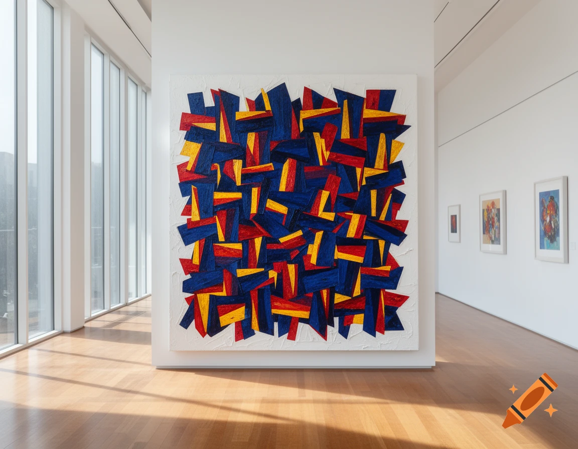 An abstract painting with red, blue, and yellow geometric shapes hangs on a white wall in a modern art museum.