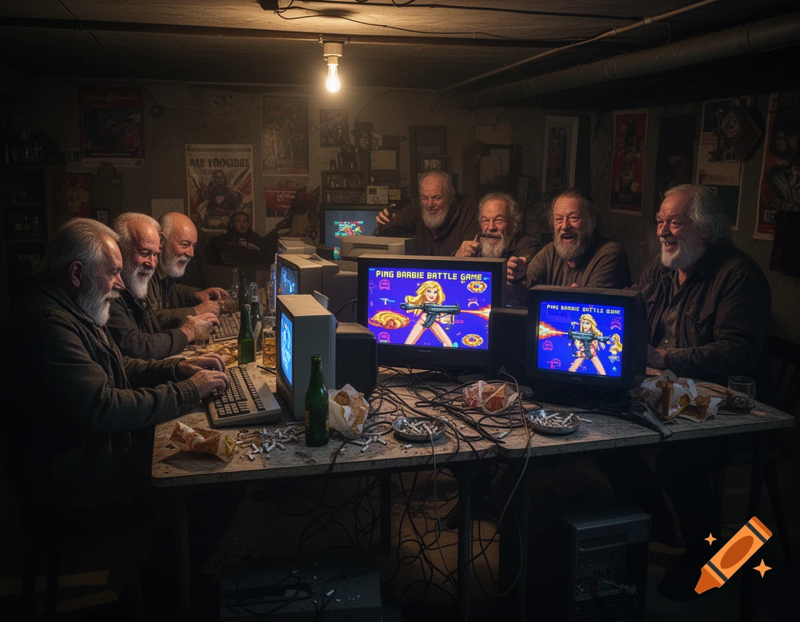 Old bearded men smile while playing "Ping Barbie Battle Game" at a messy LAN party with retro computers, beer bottles, and cigarette butts.