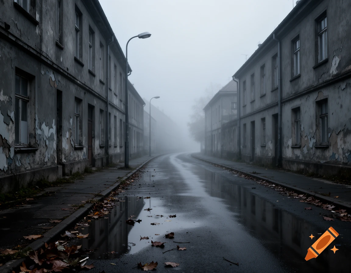A desolate, foggy street with wet asphalt, reflections in puddles, and old decaying buildings on either side, scattered with autumn leaves.