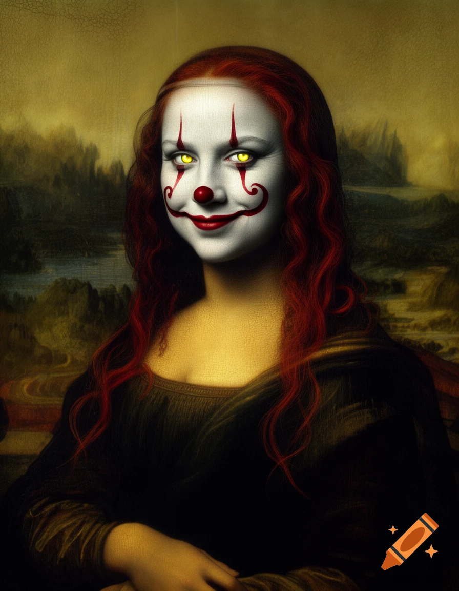 Painting of Mona Lisa with red hair, white clown makeup, red nose, and glowing yellow eyes, resembling Pennywise.