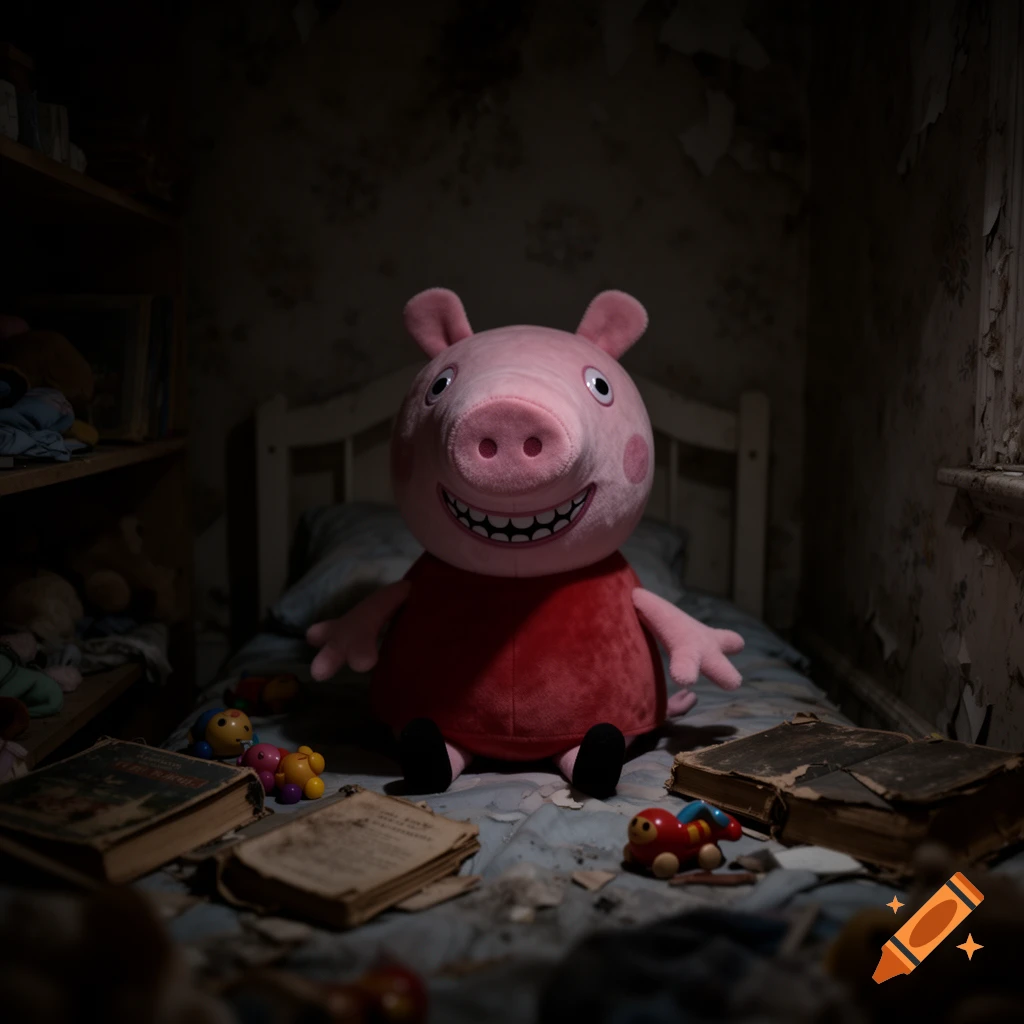 A creepy Peppa Pig plush toy with a wide, unsettling grin sits on a dirty bed in a dark, dilapidated room with old books.