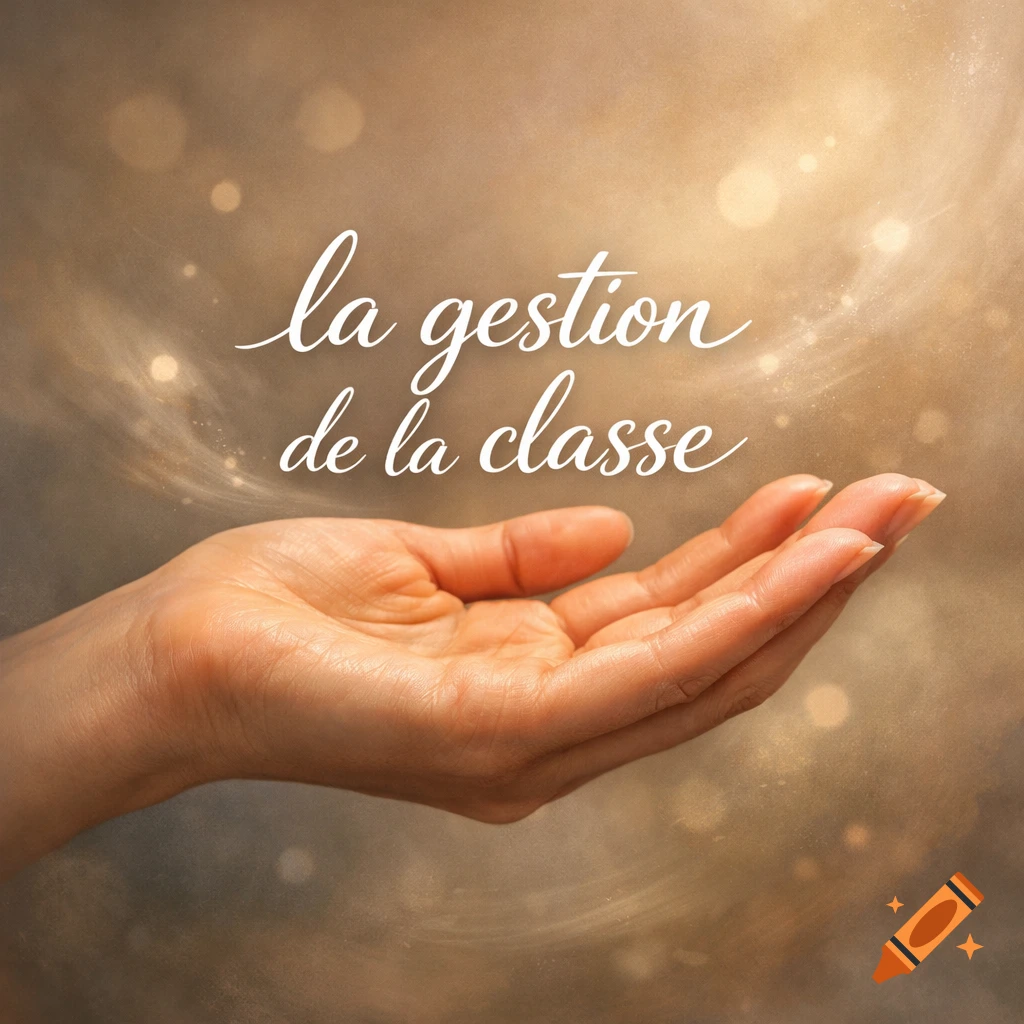 An open hand with French text 'la gestion de la classe' (class management) floating above it, on a warm, glowing bokeh background.