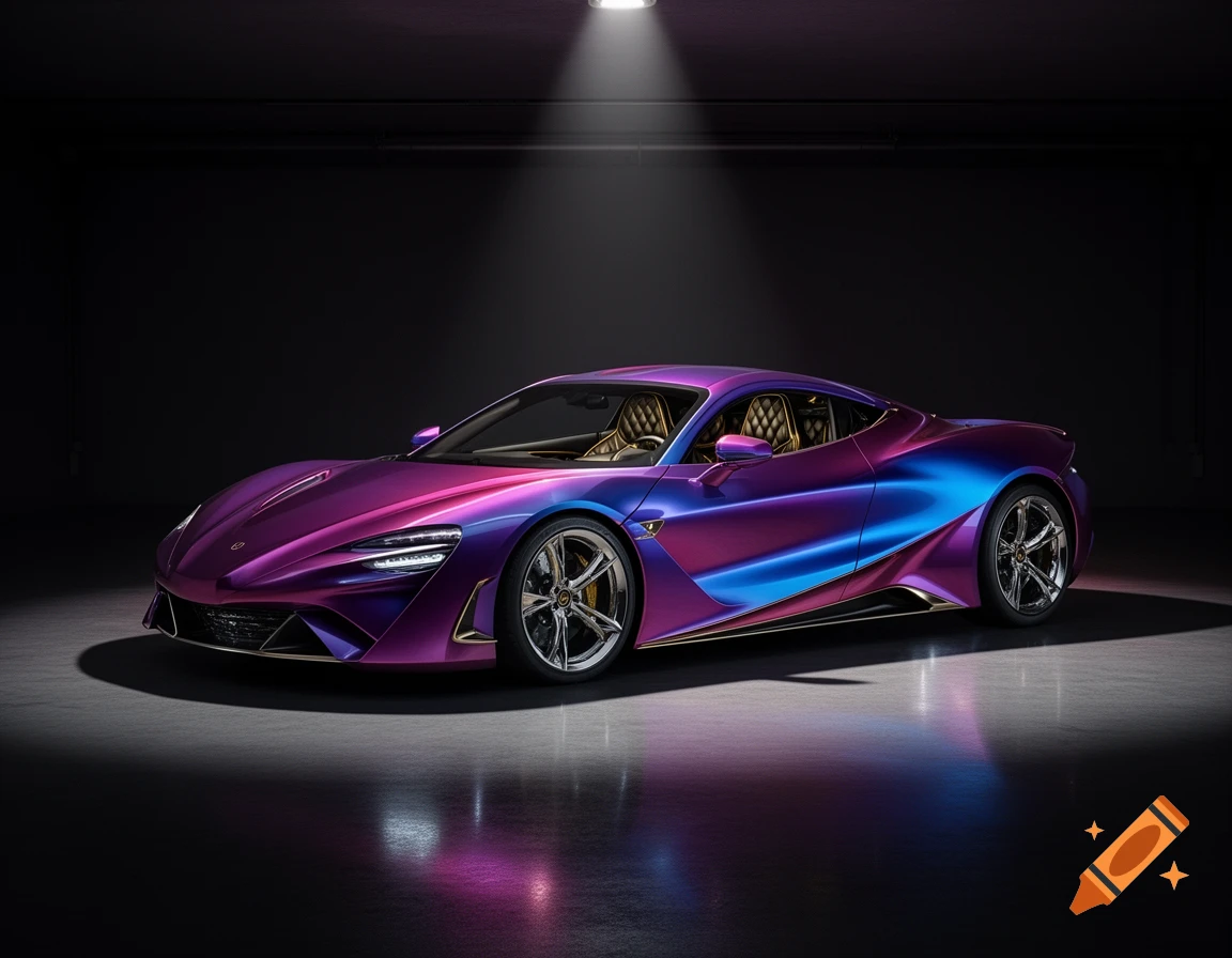 A sleek, iridescent purple and blue sports car is illuminated by a spotlight in a dark studio.