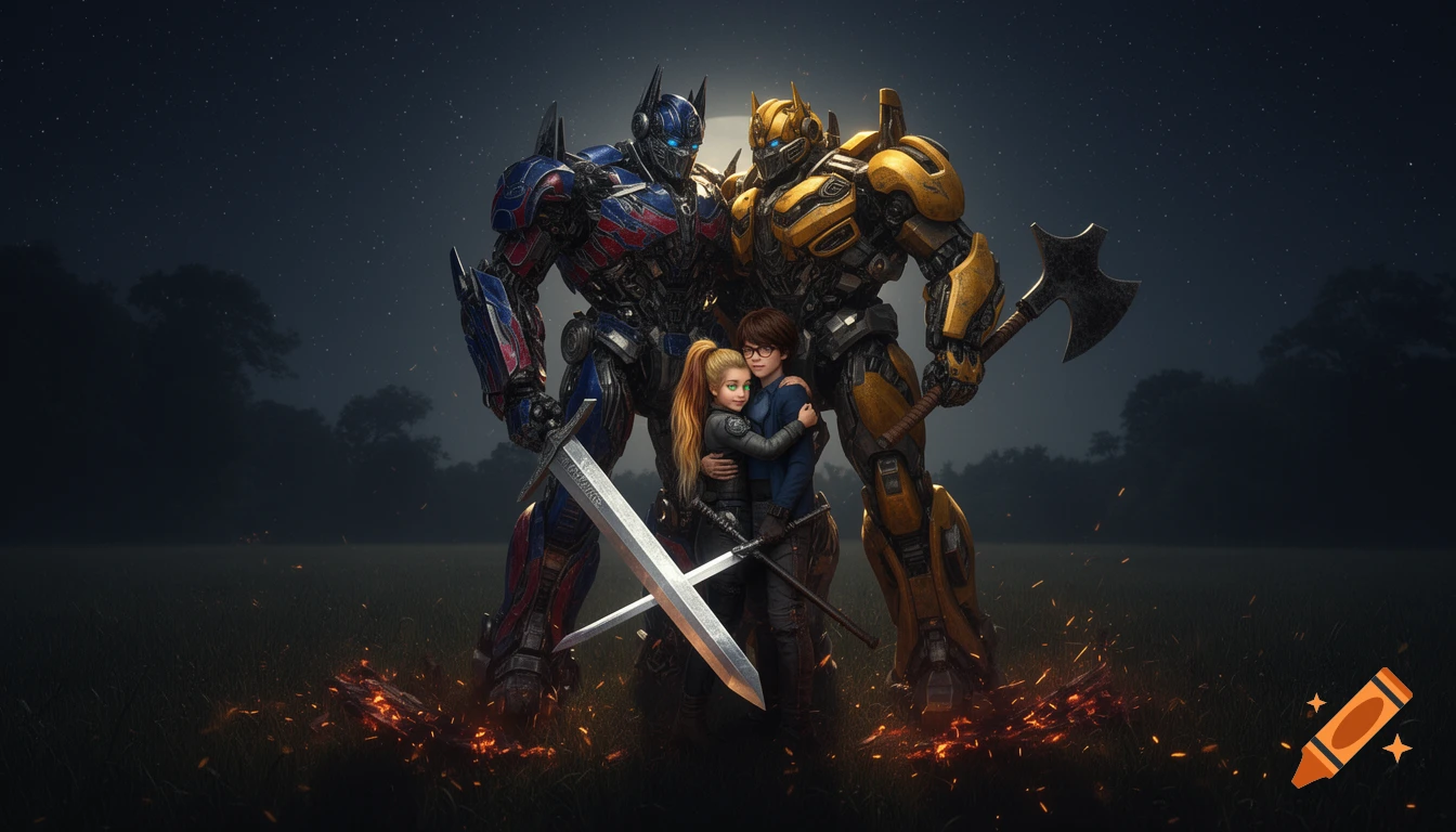 Photorealistic Optimus Prime and Bumblebee stand with two embracing children, holding swords, in a dark, ember-lit meadow at night.