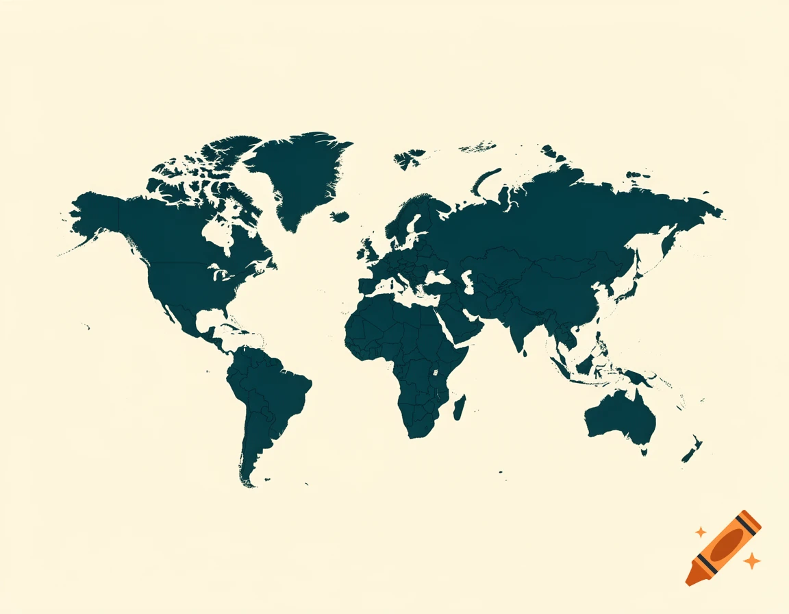 Stylized two-color world map in dark teal and off-white, showing all continents.