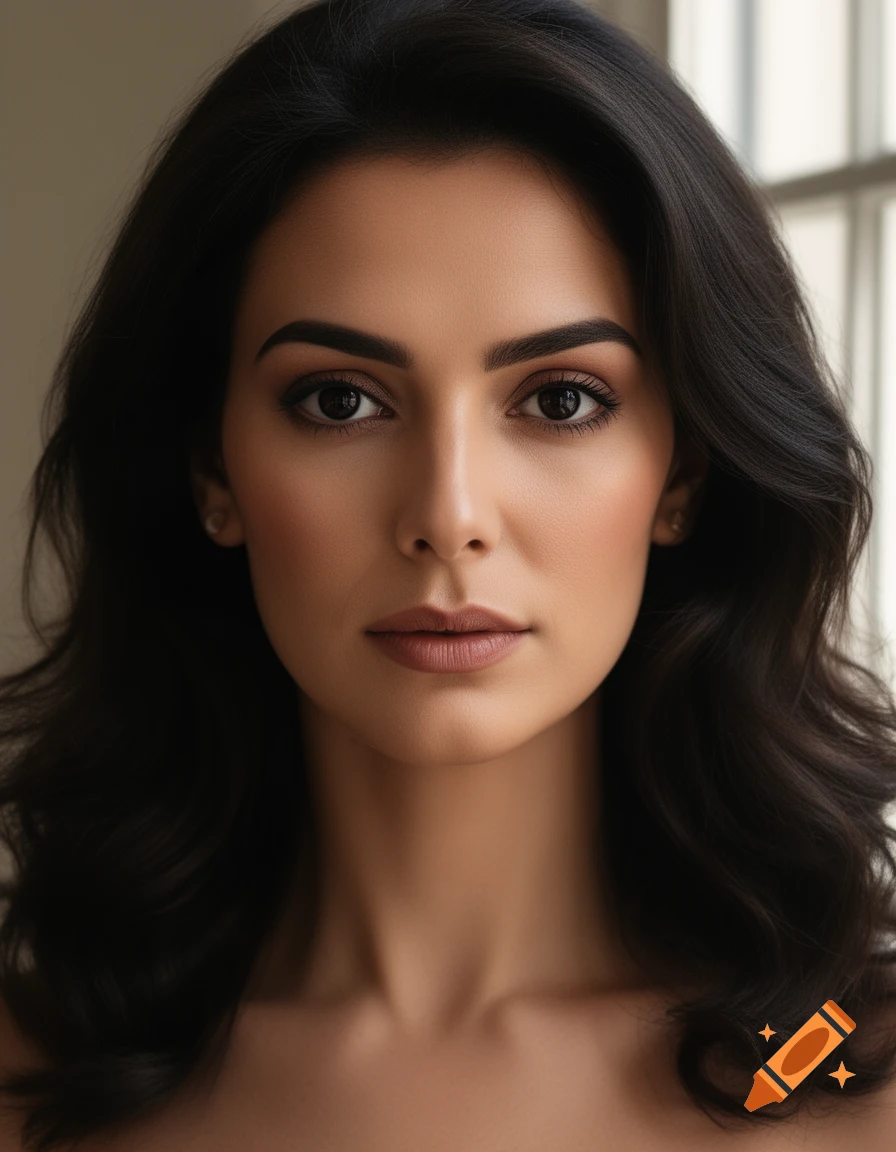 Close-up photorealistic portrait of a woman with dark wavy hair and ...
