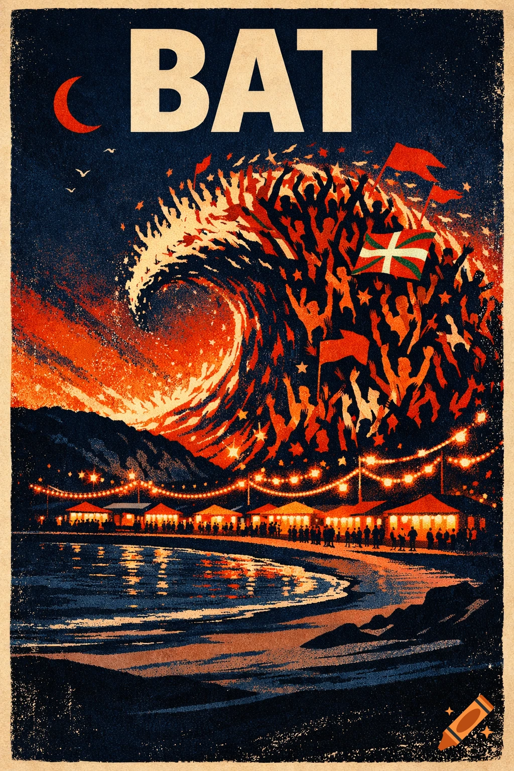 Vintage screen-print poster of a night beach festival with glowing tents and a massive wave of cheering people and flags, under text 'BAT'.
