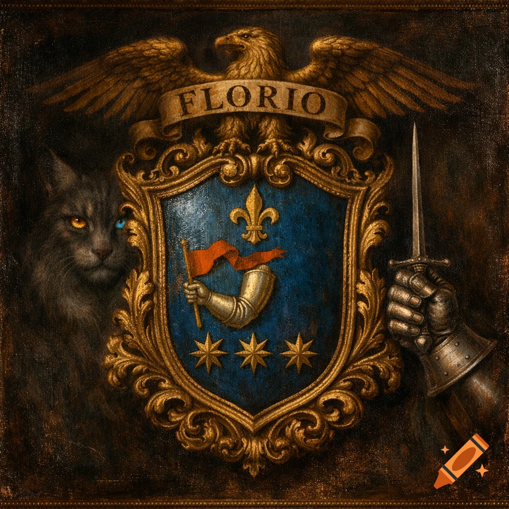 An antique baroque oil painting of the Florio family coat of arms, featuring a golden eagle, a blue shield, an armored arm with a dagger, and a shadowy cat.