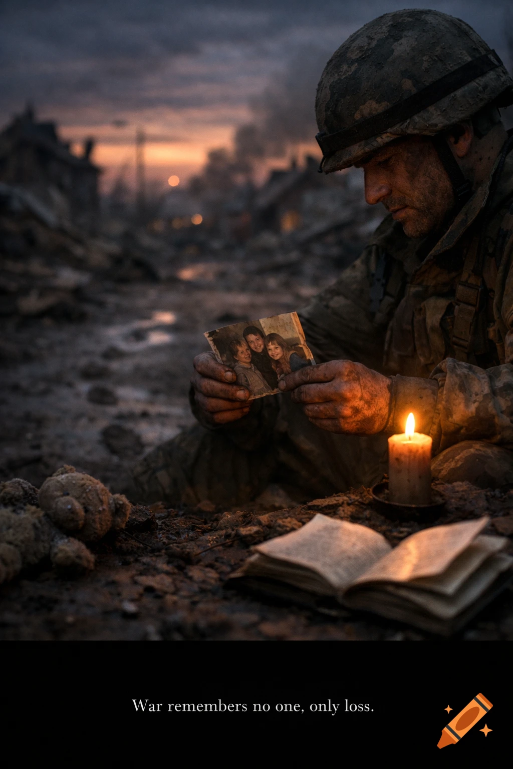 A soldier in a destroyed village holds a faded family photograph, lit by a candle at dusk, with text 'War remembers no one, only loss.'