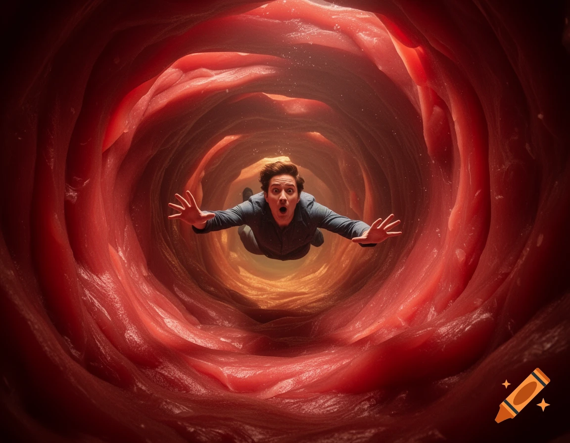 A man with a shocked expression falls through a deep, red, flesh-like tunnel.