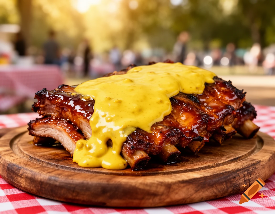 Close-up of glazed BBQ ribs covered in yellow mustard on a wooden board, set on a red and white checkered tablecloth outdoors.