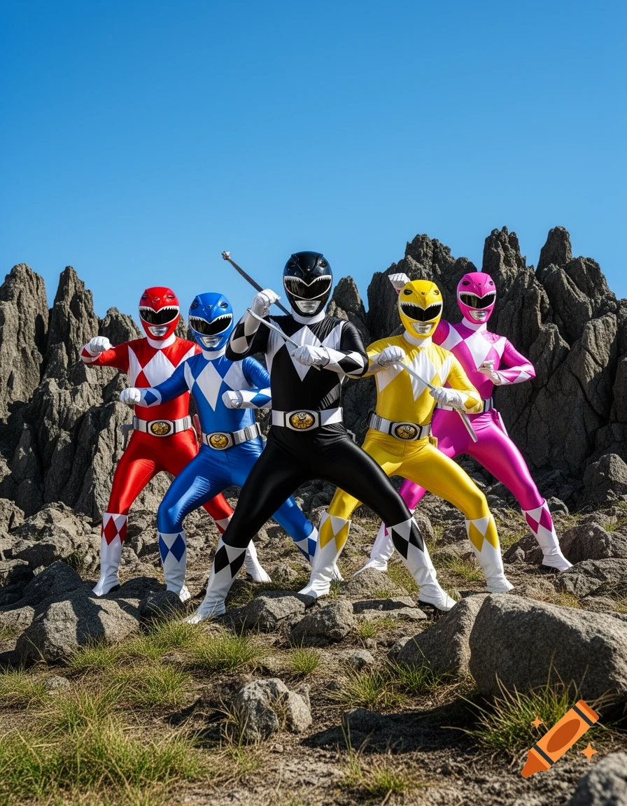 Five Power Rangers (Red, Blue, Black, Yellow, Pink) pose heroically in a rocky, arid landscape under a clear blue sky, photorealistic.