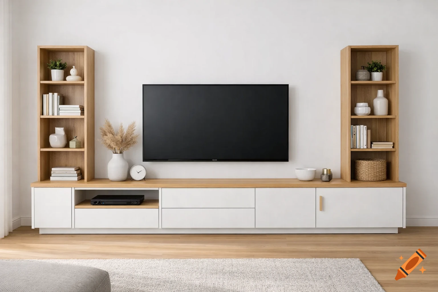 Photorealistic modern living room with a white and light oak ...