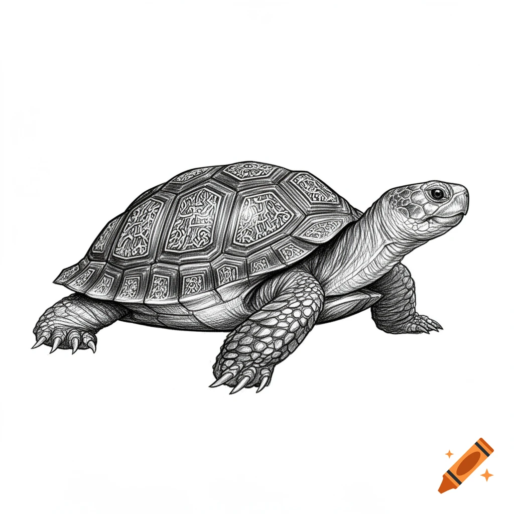 A detailed black and white sketch of a turtle with an intricately patterned shell, viewed from a slightly elevated angle.