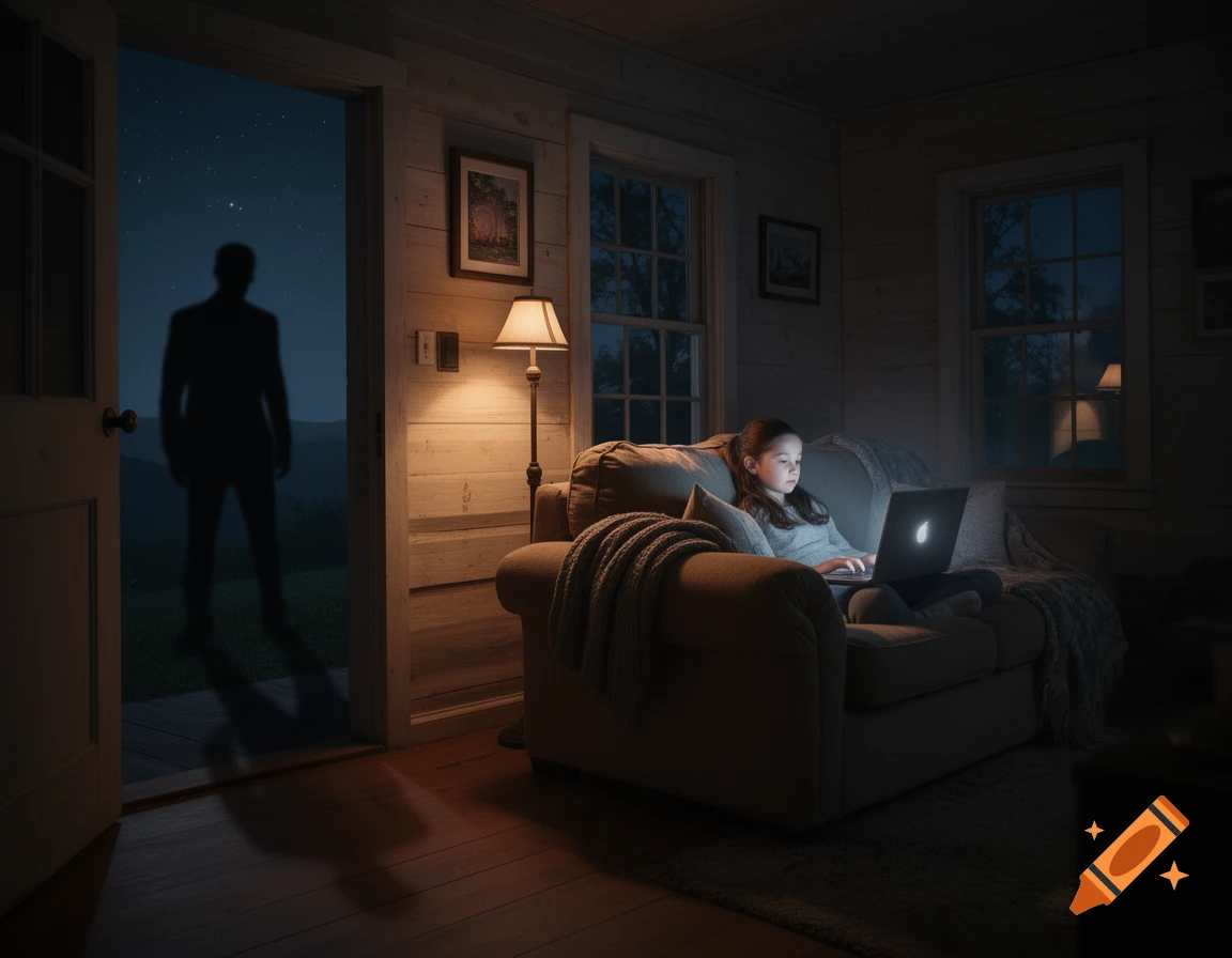 A young girl uses a laptop in a dimly lit room at night, with a silhouetted man standing in the open doorway.