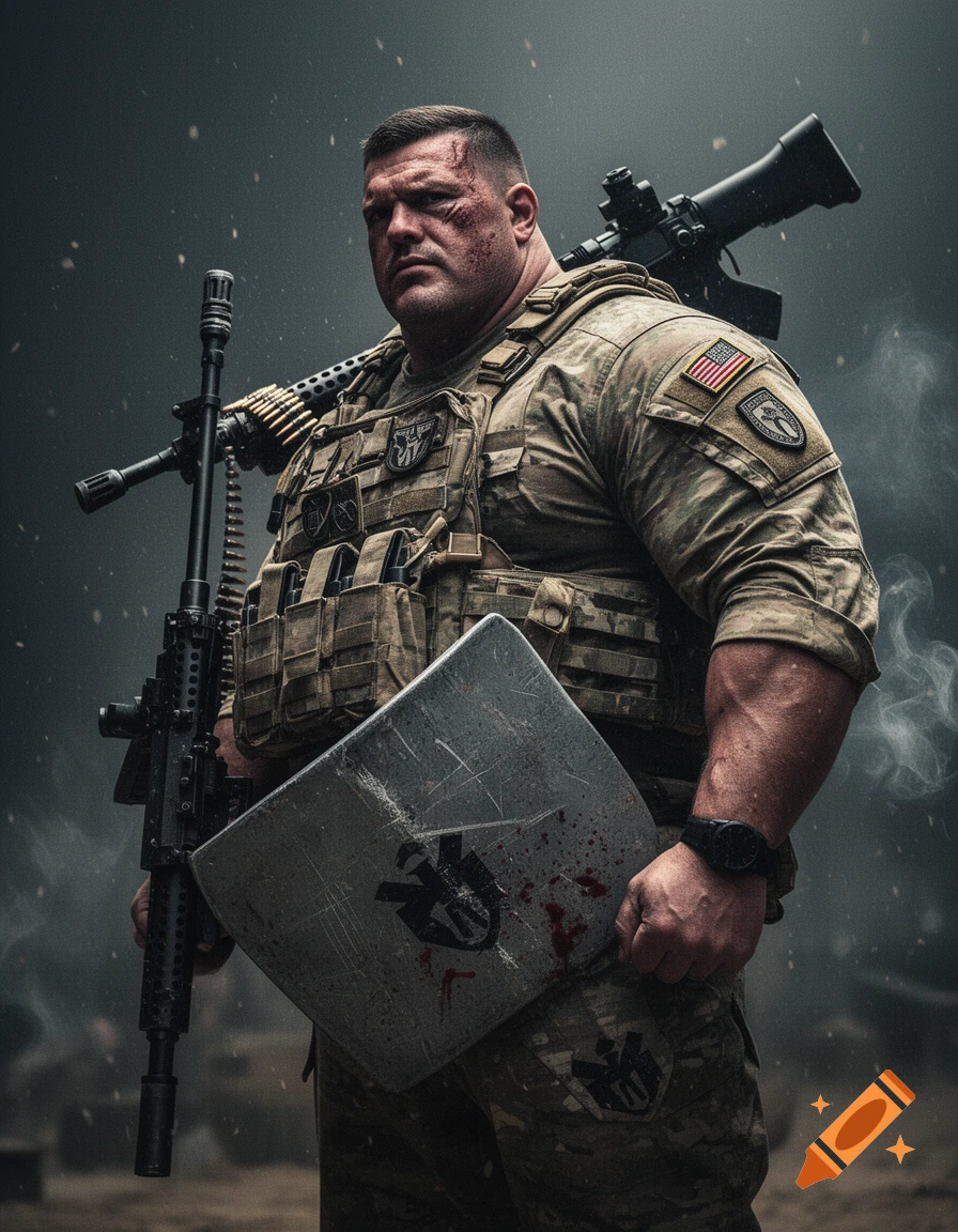 A hyperrealistic cinematic portrait of a heavily muscled military veteran in tactical gear, holding a machine gun and a blood-stained shield.