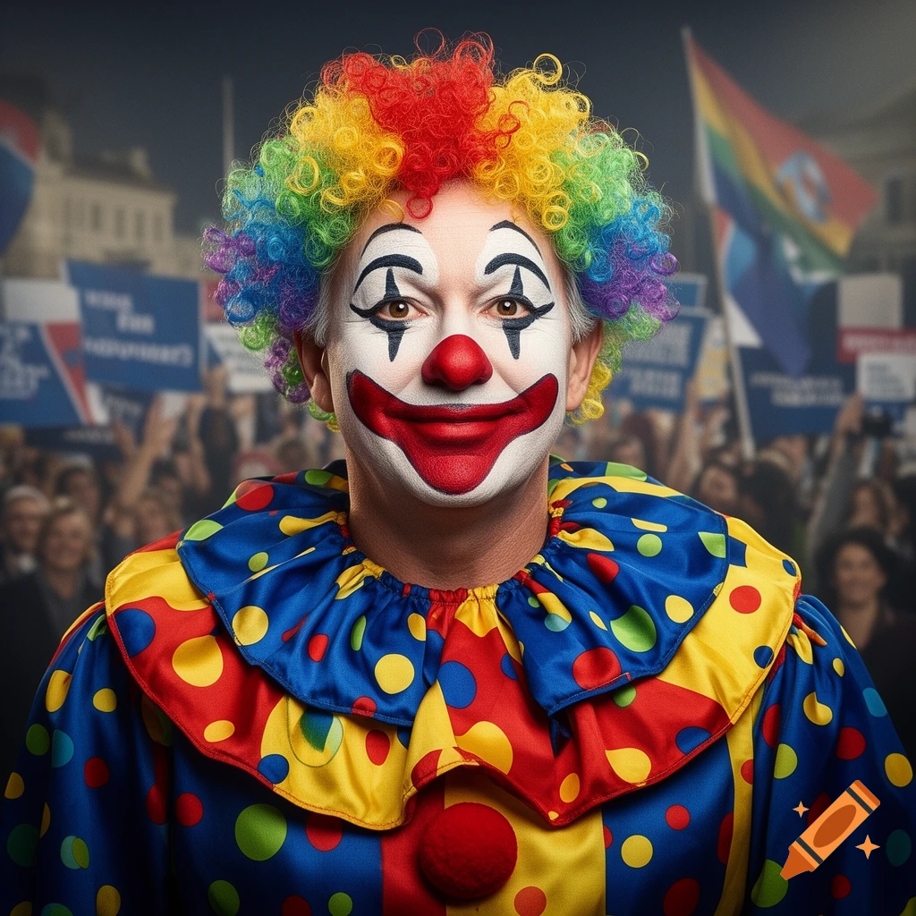 A man in full clown makeup and a colorful polka-dotted costume with a rainbow wig smiles at the camera, standing in front of a blurry crowd with flags and signs.