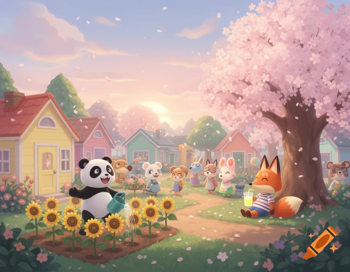 A cartoon panda waters sunflowers, a fox drinks, and other Animal Crossing-style animals are in a colorful village.