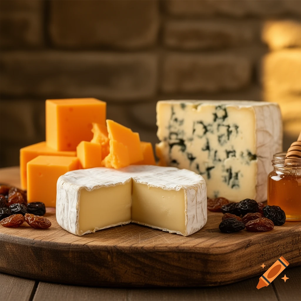 A close-up shot of a cheese board featuring various cheeses, dried raisins, and a jar of honey on a rustic wooden surface, set against a blurred stone wall.