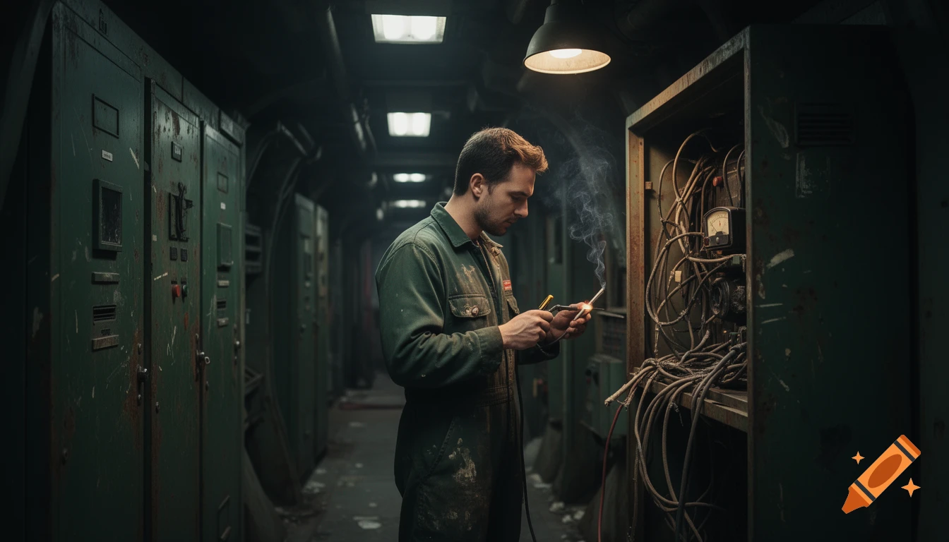 A mechanic in a dirty jumpsuit solders wires in an open, cluttered electrical cabinet inside a dark, dilapidated industrial corridor.