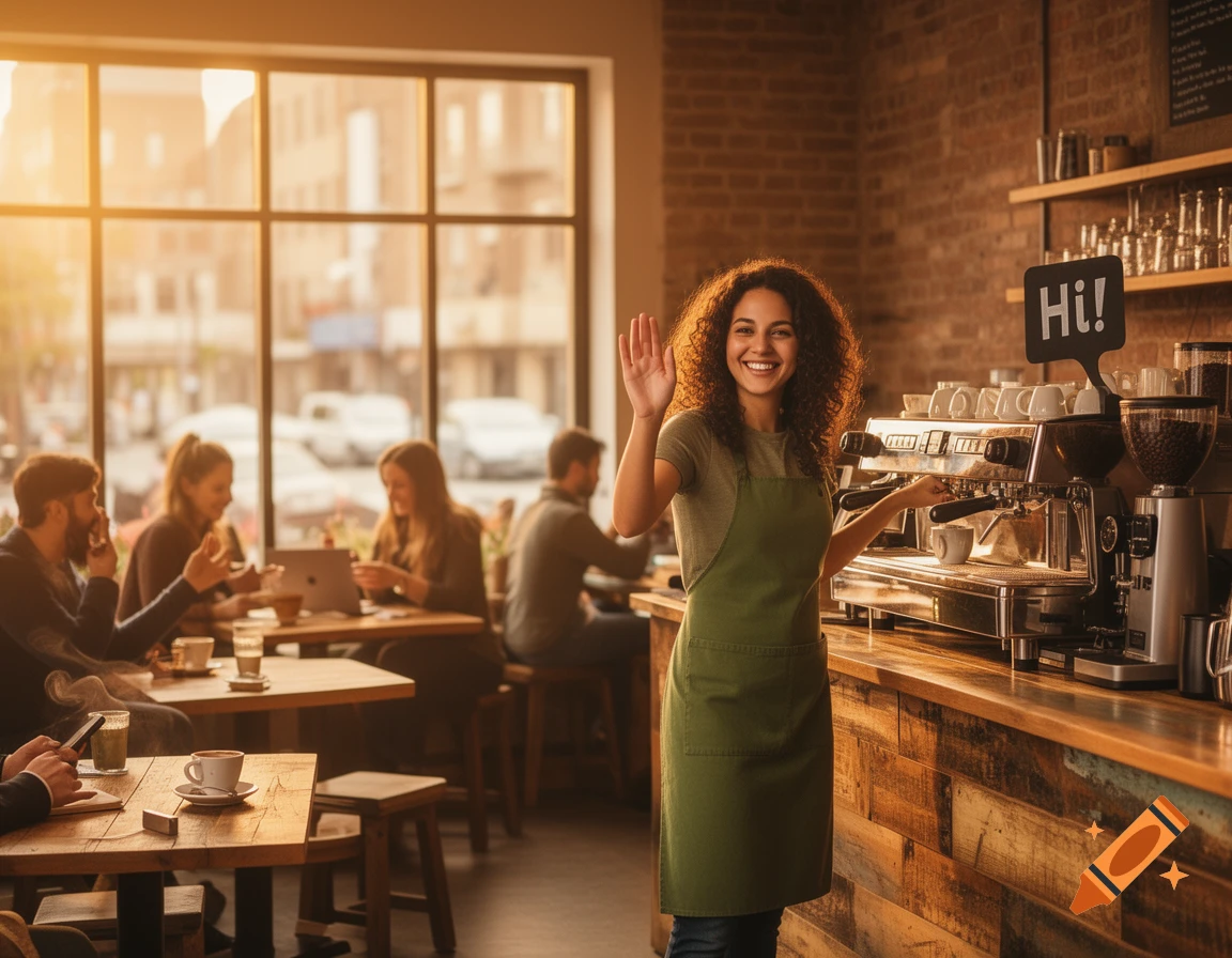 Smiling barista waves with 'HI!' speech bubble in a sunlit, bustling coffee shop. Photorealistic.