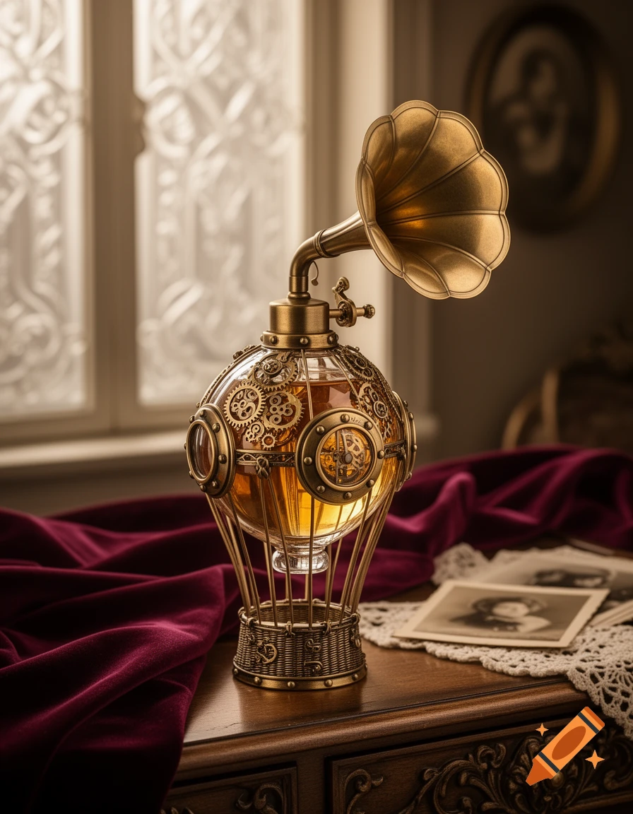 A photorealistic steampunk perfume bottle shaped like a hot air balloon with gears and a gramophone horn, on a wooden table with a red cloth.