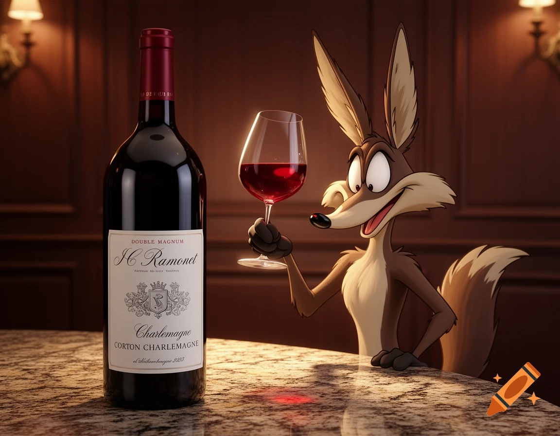 Wile Coyote sitting at a table with a large bottle of red wine and holding a glass of red wine, smiling in a detailed cartoon style.