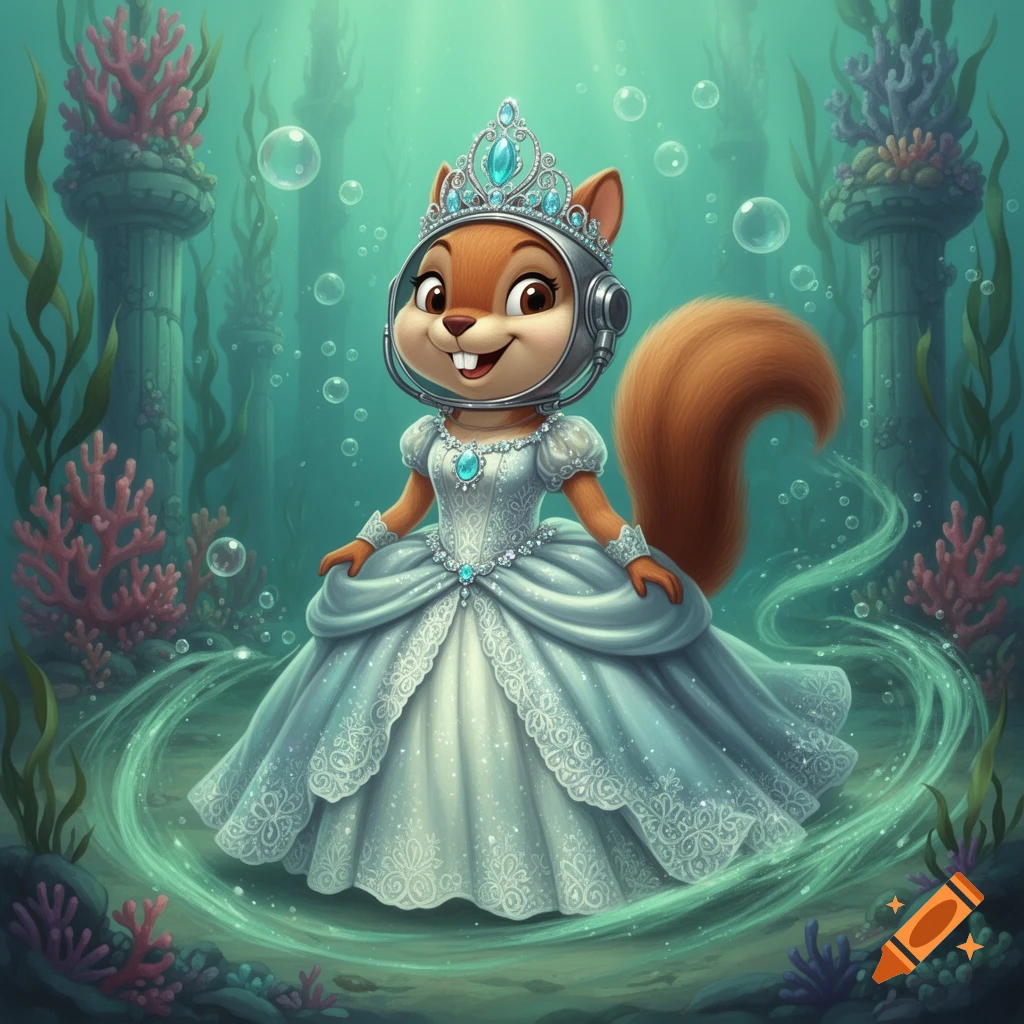 Squirrel Princess A cartoon squirrel princess with a diving helmet and crown, wearing a ...