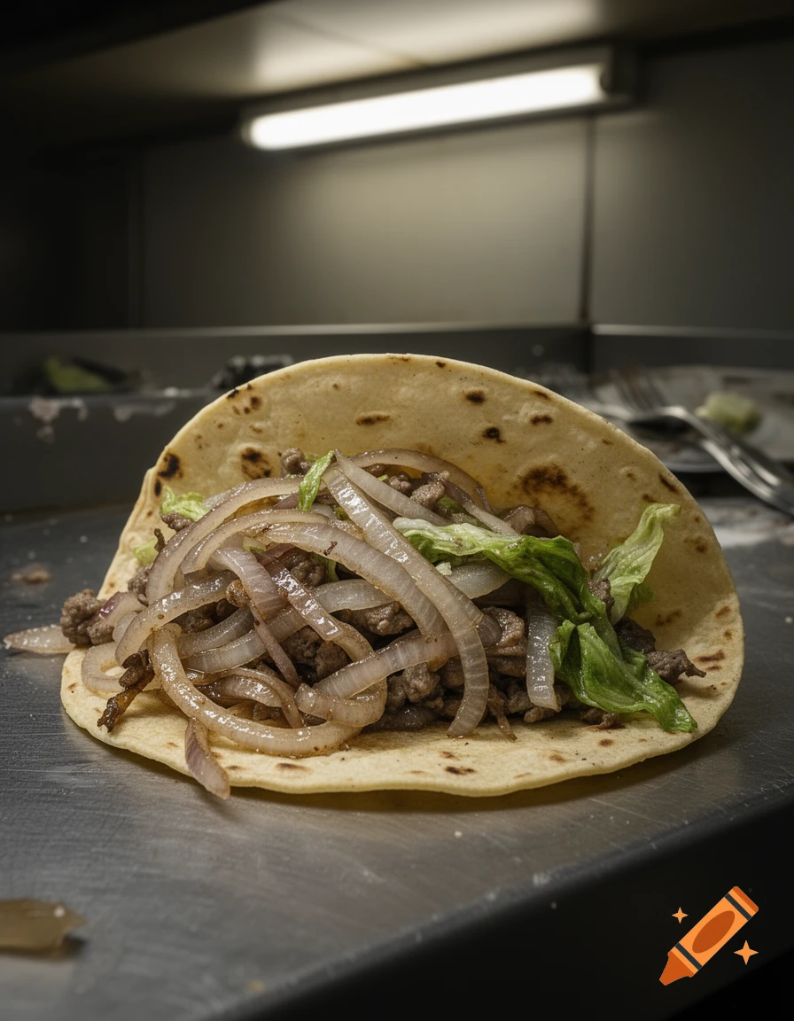 Close-up of a taco filled with ground meat, sauteed onions, and lettuce on a stainless steel counter in a dimly lit kitchen.