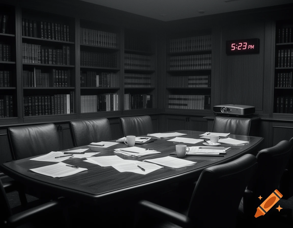 A dark and moody boardroom with a long table covered in papers and mugs, surrounded by leather chairs and bookshelves, with a digital clock showing 5:23 PM.