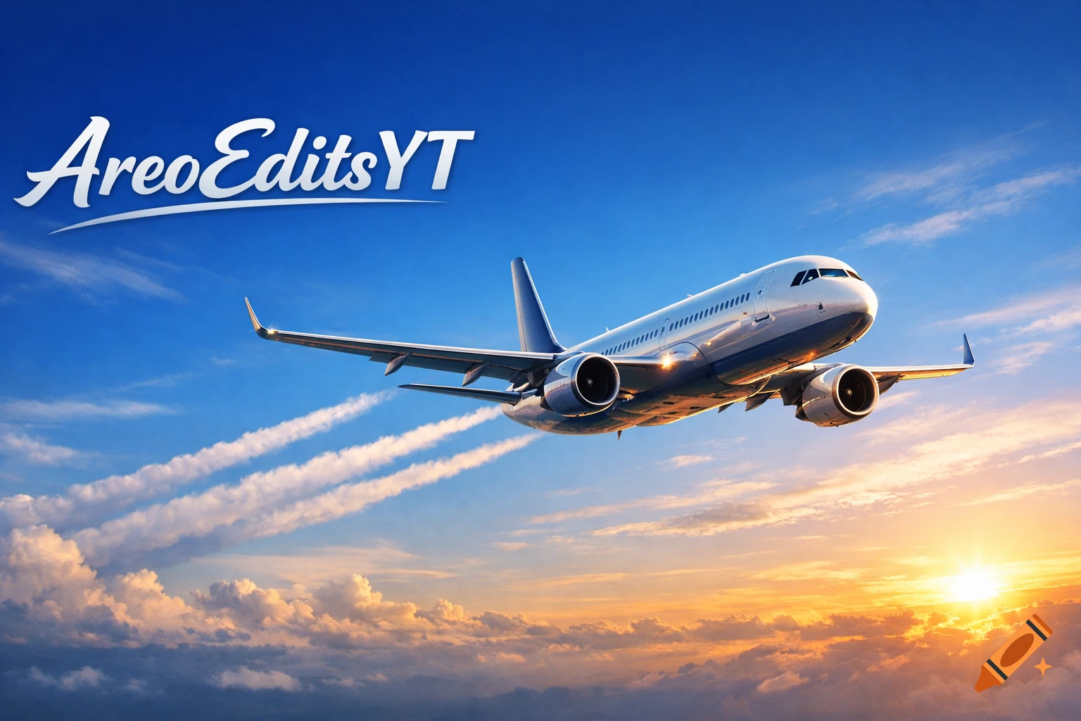 A passenger airplane flying at sunset with contrails against a vibrant blue and orange sky, with 'AreoEditsYT' text in the corner.