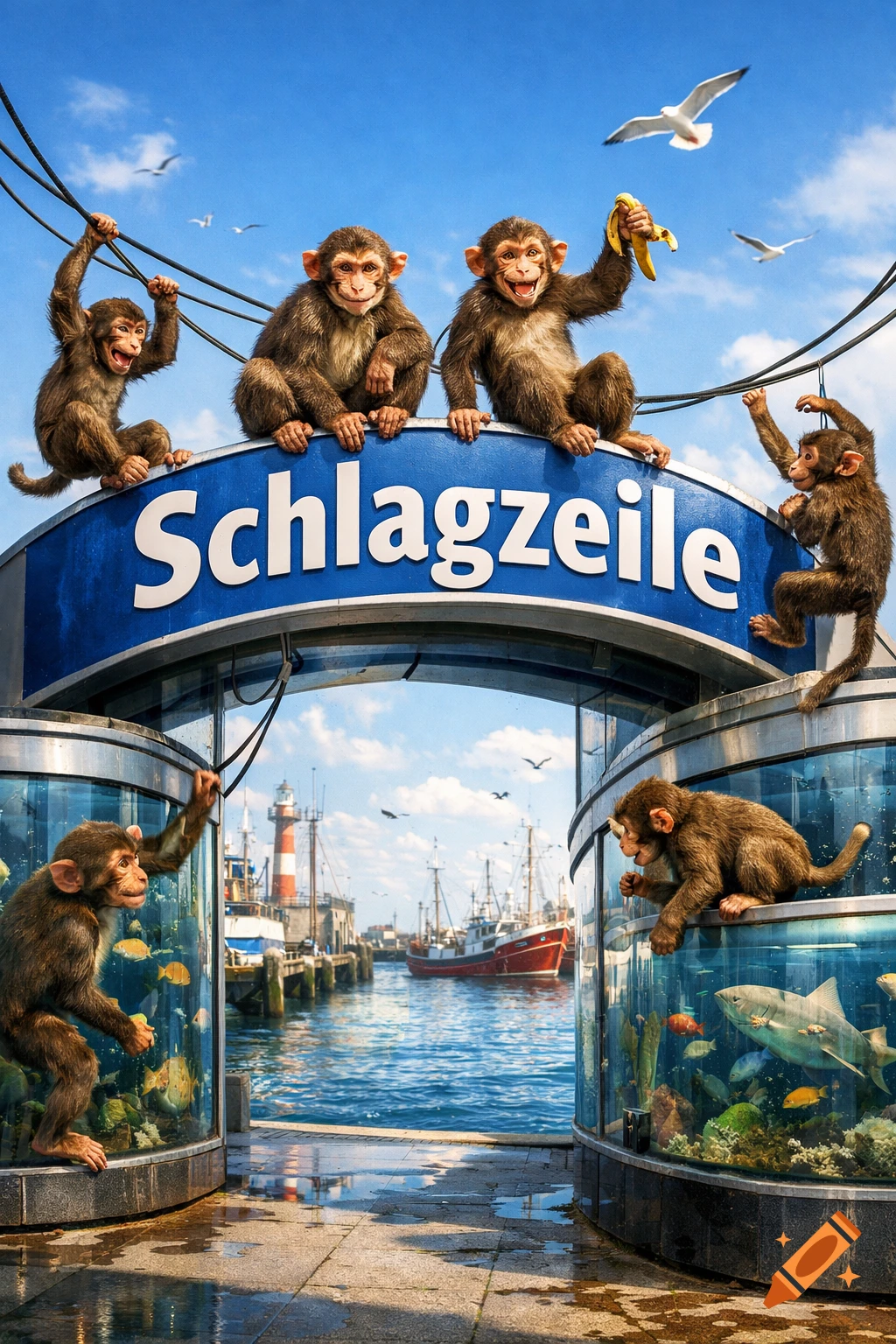 Photorealistic image of monkeys at a harbor with an archway saying 'Schlagzeile' and aquariums, boats, and a lighthouse.