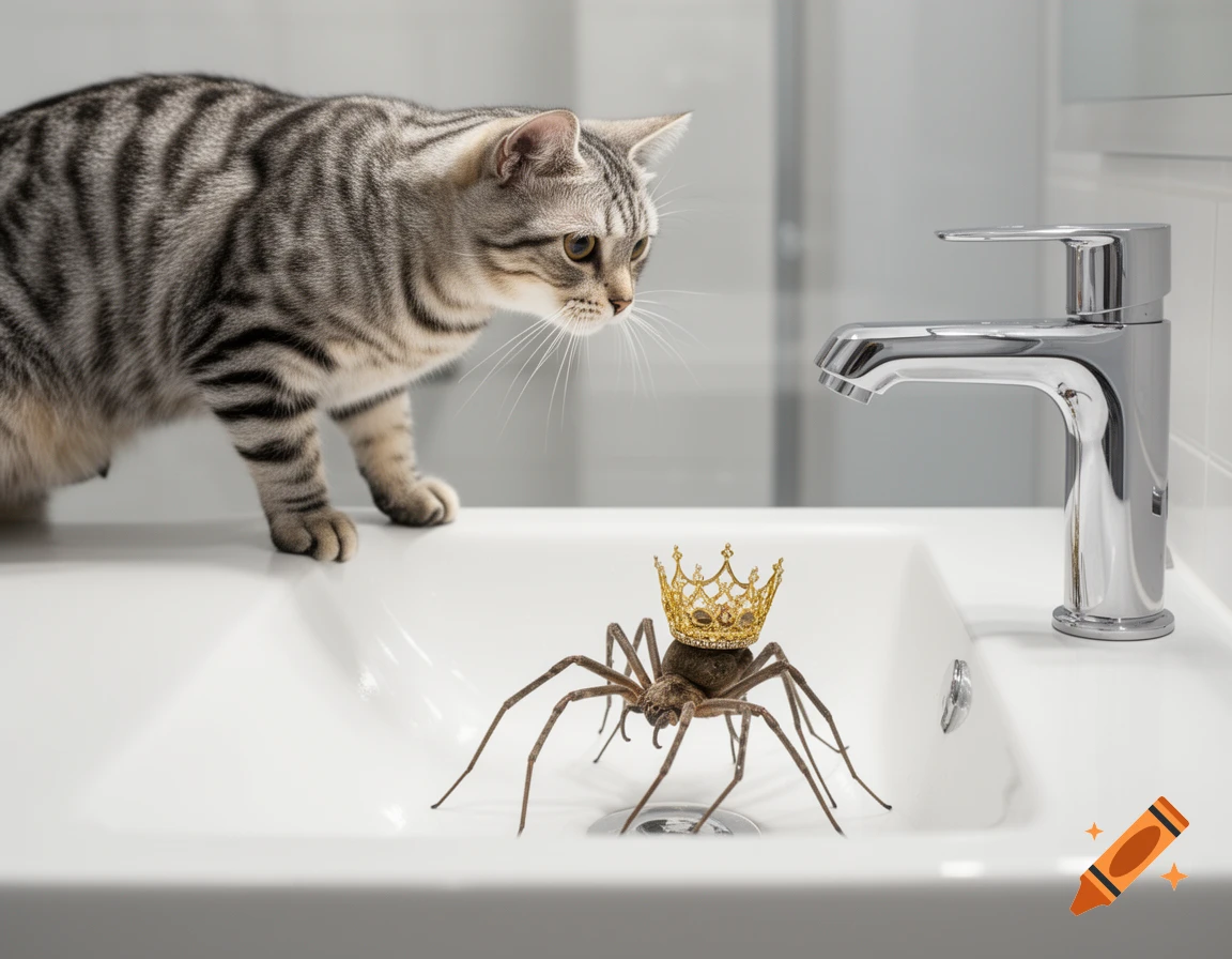 A striped cat observes a large spider wearing a small golden crown, both positioned inside a white bathroom sink with a chrome faucet.