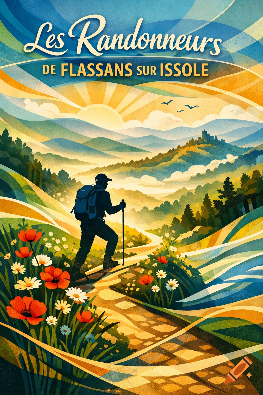 Stylized poster of a hiker with a backpack and pole walking a path through a vibrant mountain landscape with wildflowers under a sunny sky, with text at the top.