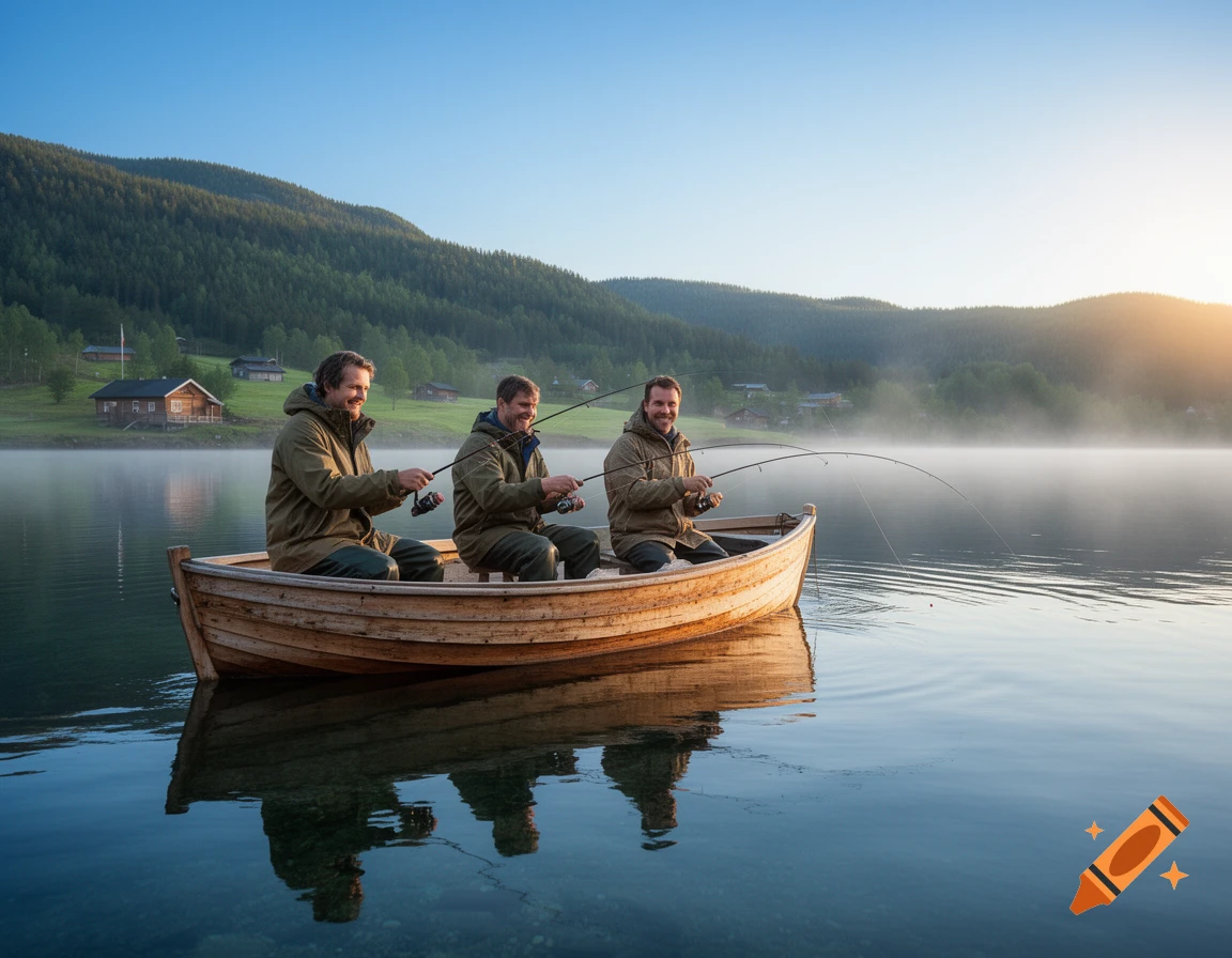 Three men fishing from a wooden boat on a misty lake with forested mountains and cabins at sunrise.