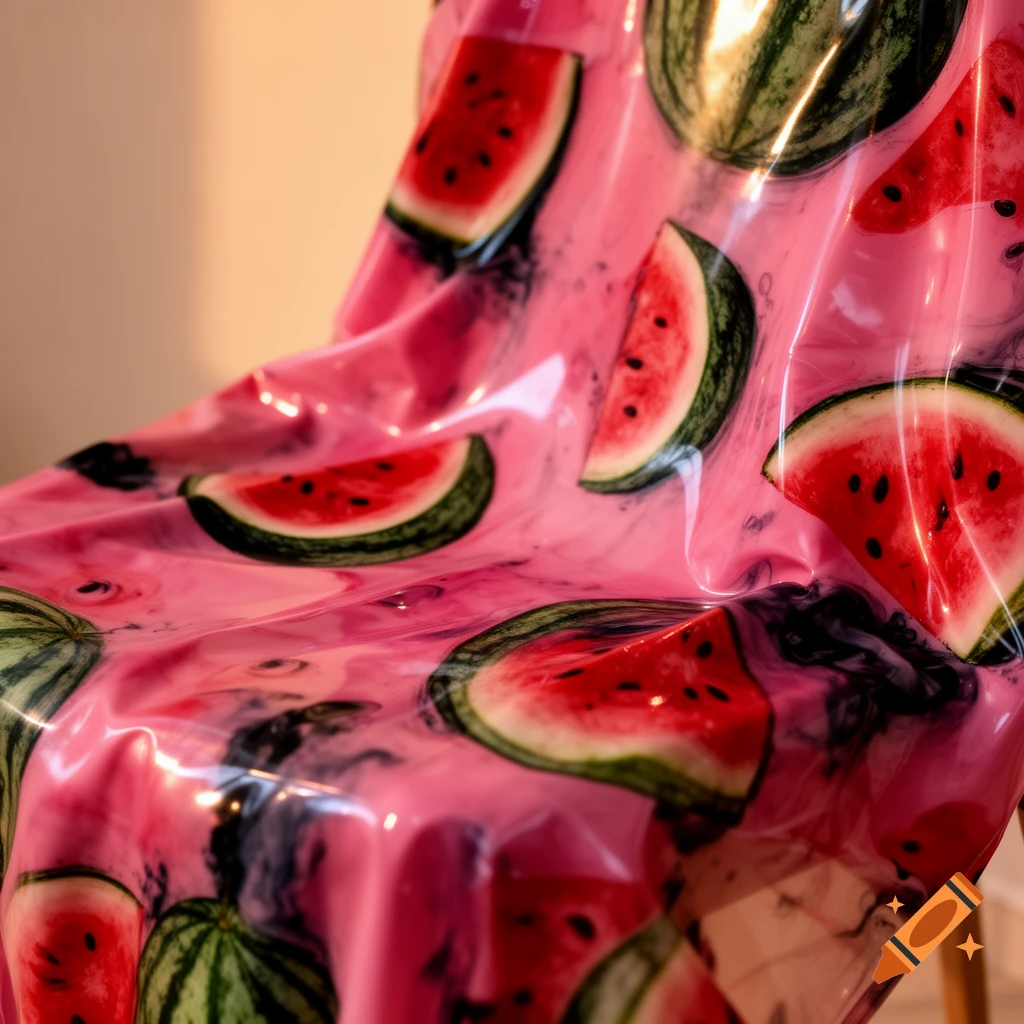 Shiny pink draped fabric patterned with watermelon slices.