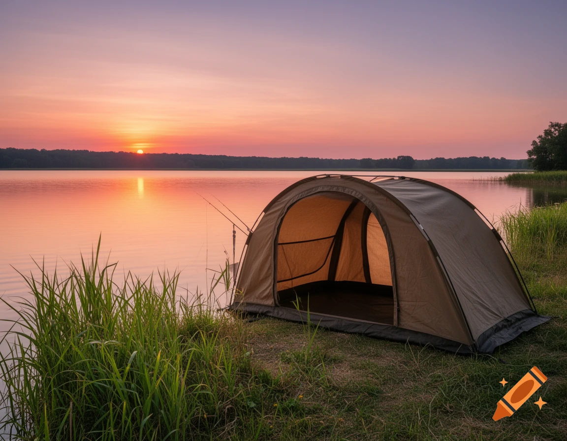 A tranquil scene of a fishing tent (bivouac) on the grassy shore of a lake at sunset, with golden light reflecting on the water.