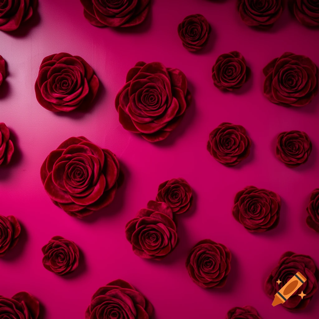Dark red velvet roses arranged on a vibrant magenta background.