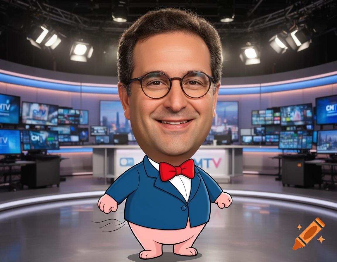 Digital caricature of a man with a realistic head on a cartoon Porky Pig body, wearing a blue jacket and red bow tie, standing in a CMTV news studio.