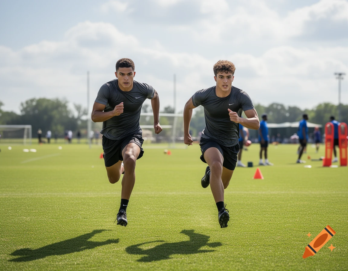 Two young men in athletic wear sprint across a green sports field during a sunny day, with a blurred background of other athletes.